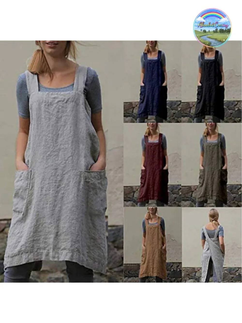 Cotton Linen Cross Back Apron with Pockets Pinafore Dress for Baking Cooking